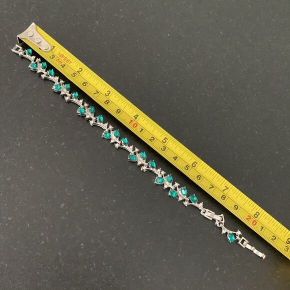 Green Gemstone Vine & Leaf Bridal Bracelet with CZ Crystals in Silver Tone Metal - Picture 10 of 11